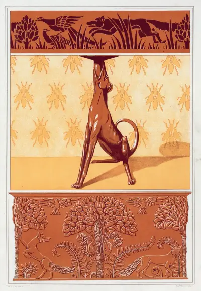 Faisans et renard, frise cuivre découpé. Chien, chandelier. Abeilles, semis. Renards, écureuils et oiseaux, jardiniere cuivre repoussé von Maurice Pillard Verneuil