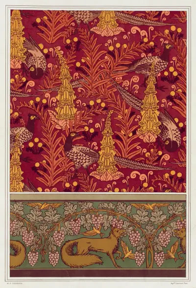 Faisans ordinaires, digitales, fougères et pissenlit, étoffe imprimée. Renard, oiseaux et vigne, bordure. av Maurice Pillard Verneuil
