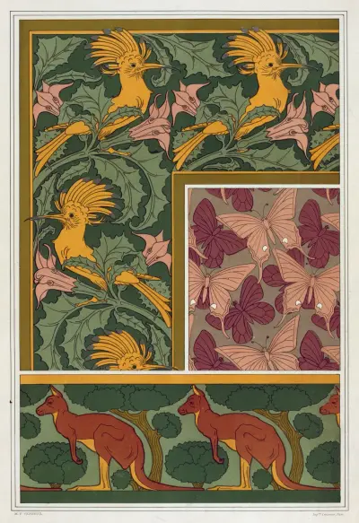 Huppes et stramoine, bordure. Papillons, étoffe de soie. Kangourou et arbres, bordure. av Maurice Pillard Verneuil