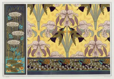 Libellules, butome en ombelle, nénuphars, panneau. Oiseaux-mouches et orchidées, étoffe. Oiseaux-mouches et capillaires, bordure. av Maurice Pillard Verneuil