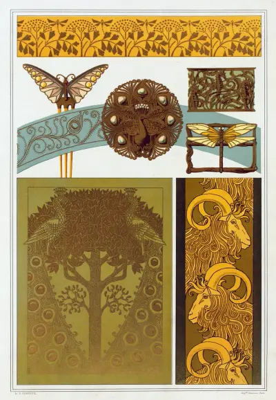 Ważki, złocenie płatkowe; motyl, paw, koniki morskie i ważka, biżuteria; pawie, złocenie płatkowe; kozy, bordiura, Maurice Pillard Verneuil