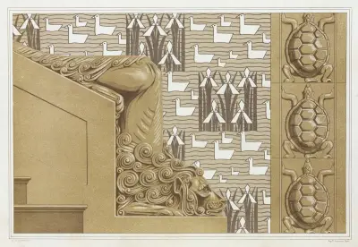 Lion, départ de rampe en pierre pour en escalier monumental. Tortues, carreaux grès. Canards et iris, tenture pour chambre d’enfant. von Maurice Pillard Verneuil