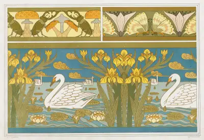 Lucanes et champignons, oxalides et papillons, bordure; cygnes, iris et nénuphars, émail cloisonné von Maurice Pillard Verneuil