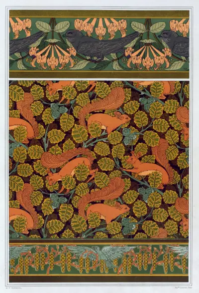 Martinets et chèvrefeuille, bordure. Écureuils et noisetier, papier peint. Oiseaux et noisetier en fleur, bordure. av Maurice Pillard Verneuil