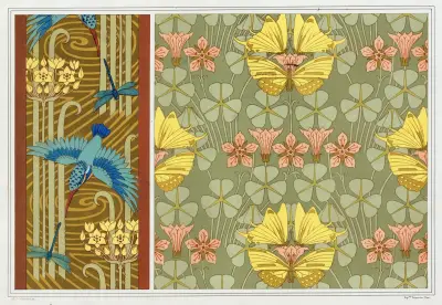 Kungsfiskare, trollsländor och paraplyblad, bårder; fjärilar och oxalis, tyg av Maurice Pillard Verneuil