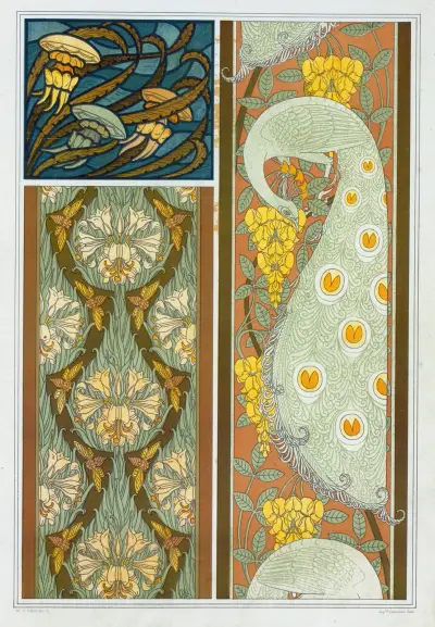 Méduses et algues, vitrail. Cigales et lis, paons et cytise, bordures. av Maurice Pillard Verneuil