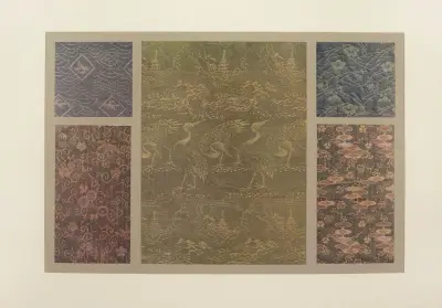 Ornamentmotiv: blommor och tallbarr; tranor och landskap; ornamentmotiv av Maurice Pillard Verneuil
