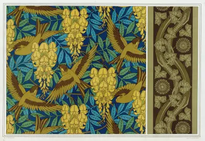 Fåglar och blåregn, väggtextil. Ödlor och murgröna, bård. av Maurice Pillard Verneuil