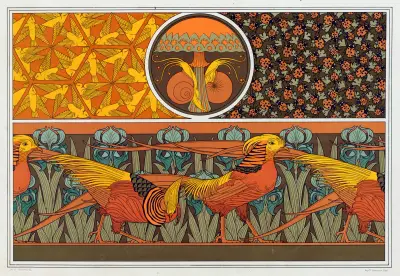 Oiseaux, jeu de fond. Escargots et champignon. Coccinelles et capillaires, étoffe. Faisan dorés et iris, bordure. av Maurice Pillard Verneuil