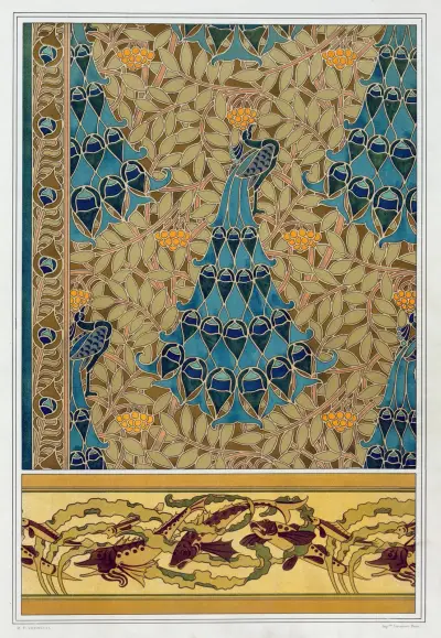 Paons dans les sorbiers, pochoir; poissons et algues, bordure von Maurice Pillard Verneuil