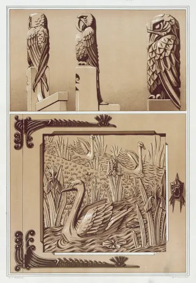 Perroquets, aigle, bois sculpté. Cygnes et iris, porte en bois sculpté. von Maurice Pillard Verneuil