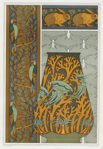 Piverts et arbre, bordure verticale. Lapins et feuilles, bordure. Méduses, anémones de mer et algues, vase. Insectes, jeu de fond. von Maurice Pillard Verneuil