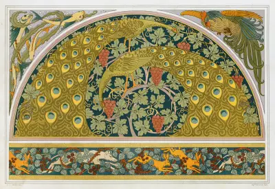 Poissons et algues, coq, écoinçon; paons et vigne; lièvres, chiens et ronces, bordure av Maurice Pillard Verneuil