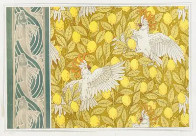 Poissons, frise au pochoir. Cacatoës et citrons, cretonne. von Maurice Pillard Verneuil