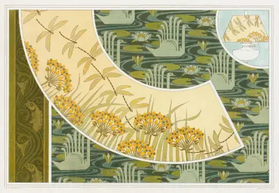 Poissons. Frise au pochoir. Libellules et butome, abat-jour. Cygnes et nénuphars, velours imprimé. von Maurice Pillard Verneuil