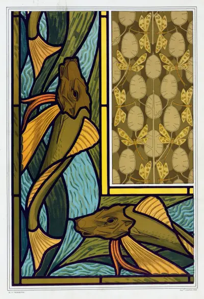 Rougets, vitrail. Libellules et monnaie du pape, étoffe. von Maurice Pillard Verneuil