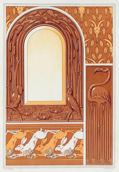 Têtes de chèvres, semis. Flamant, plaque cuivre fondu. von Maurice Pillard Verneuil