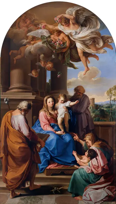 Madonnan och barnet med heliga Josef, Sakarias och Elisabet samt den lille Johannes Döparen av Pompeo Batoni