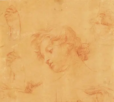 Tête de jeune garçon, études subsidiaires de mains et visage av Pompeo Batoni
