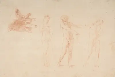 Tre nakna mansfigurer; studie av den vänstra figurens högra hand av Pompeo Batoni