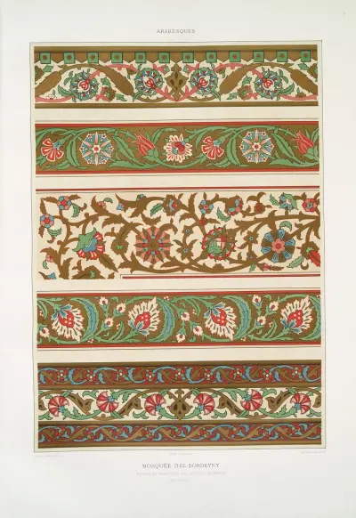 Arabesques; mosquée d’El-Bordeyny; frises et bordures des petites chambres (XVIIe. siècle) av Émile Prisse d'Avennes