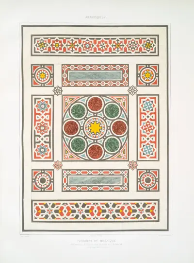 Arabesques; pavement de mosaïque, fragments disposée sur le plan des dorqâah (du XVIe. au XVIIIe. siècle) av Émile Prisse d'Avennes