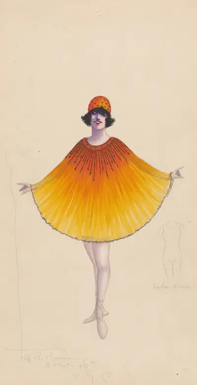 Orange and yellow poncho-type costume with under-dress sketch av Will R. Barnes