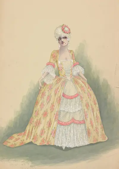 Woman in yellow, white, and pink dress, Will R. Barnes