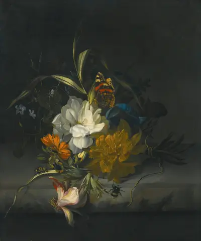 Still Life With Marigolds, Morning Glory, A Passion Flower And Other Assorted Flowers, Together With Insects On A Stone Ledge av Rachel Ruysch