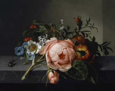Still Life With Rose Branch, Beetle And Bee av Rachel Ruysch