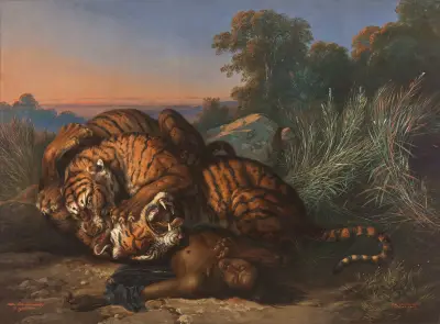 Kämpfende Tiger av Raden Saleh