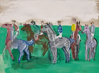 Jockeys och hästar före start av Raoul Dufy