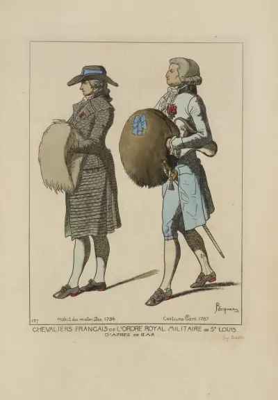 Francouzští rytíři královského vojenského řádu sv. Ludvíka. Podle de Bara. Ranní oděv prosinec 1784. Costume Paré 1787, Raphaël Jacquemin