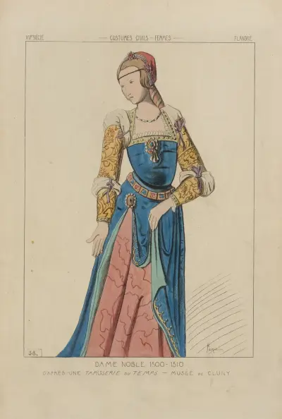 Dame Noble 1500–1510 nach einem Teppich der Zeit, Musée de Cluny. 16. Jahrhundert, bürgerliche Kostüme, Frauen, Flandern von Raphaël Jacquemin