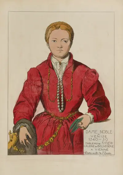 Benátská šlechtična 1540–50. Obraz Tizianův. Belvederská galerie ve Vídni. Dosud nepublikovaná kresba J. Lassa, Raphaël Jacquemin
