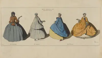 Francouzské dámy. Oděvní rytiny z roku 1729. Plášť. Casaquin. Paniers, Raphaël Jacquemin