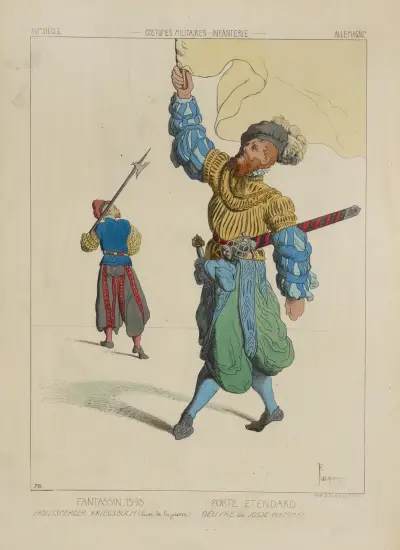 Infanterist, 1595. Frontsperger Kreigsbuch (Kriegsbuch). Fahnenträger. Werk von Josse Hamman von Raphaël Jacquemin