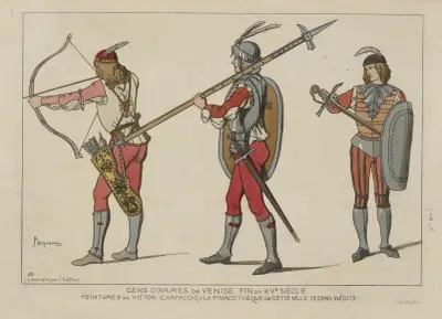Jeźdźcy zbrojni z Wenecji, koniec XV wieku. Malowidła Vittore Carpaccio w pinakotece tego miasta. Niepublikowane rysunki, Raphaël Jacquemin