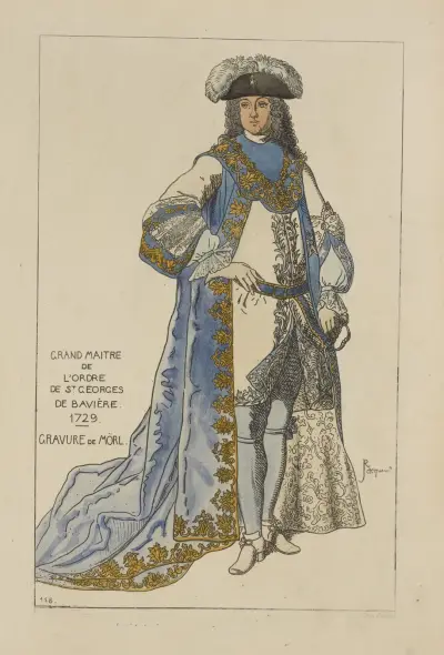 Velmistr řádu svatého Jiří Bavorského, 1729. Mědirytina od Mörla, Raphaël Jacquemin