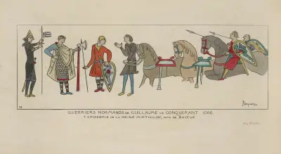 Normannische Krieger Wilhelms des Eroberers 1066. Teppich der Königin Mathilde, genannt Teppich von Bayeux von Raphaël Jacquemin