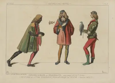 Adlige Männer und Falkner, venezianische Kostüme von Raphaël Jacquemin