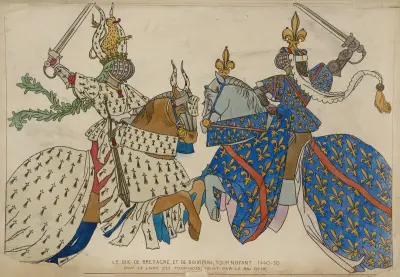 Le duc de Bretagne, et de Bourbon, tournoyant 1440-50. D’ap[rès] le Livre des Tournois, peint par le roi rene. av Raphaël Jacquemin