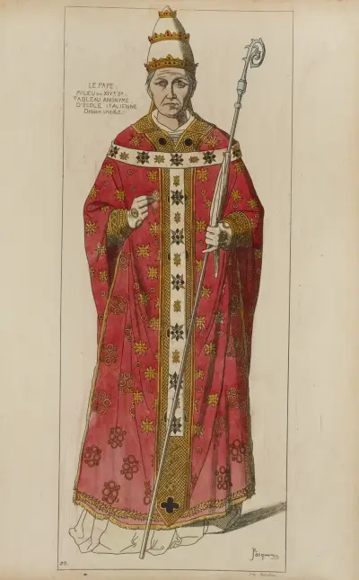 Der Papst Mitte des 14. Jahrhunderts, anonymes Gemälde der italienischen Schule, unveröffentlichte Zeichnung von Raphaël Jacquemin