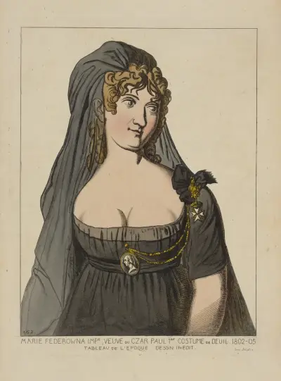 Carevna Marie Fjodorovna v smutečním oděvu, vdova po caru Pavlu I., 1802–05. Dobová malba, Raphaël Jacquemin