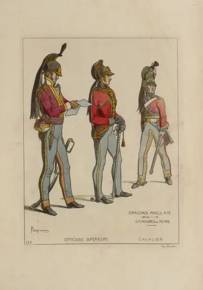 Höhere Offiziere. Kavallerist. Englische Dragoner. 1814–15. Stiche aus der Zeit. von Raphaël Jacquemin
