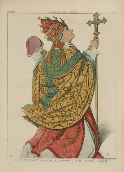 Zelebrierender Papst. Deutsche Malerei von 1495. Musée de Cluny. 15. Jahrhundert, religiöse Kostüme, Männer, Italien. von Raphaël Jacquemin