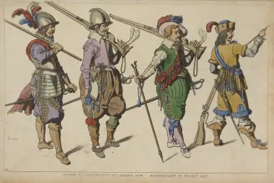 Nizozemští pikenýři a arkebuzíři. 1608. Francouzský mušketýr. 1647., Raphaël Jacquemin