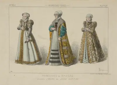 Księżniczki bawarskie według dzieła Josse'a Hammana. XVI wiek, stroje cywilne, kobiety, Niemcy, Raphaël Jacquemin
