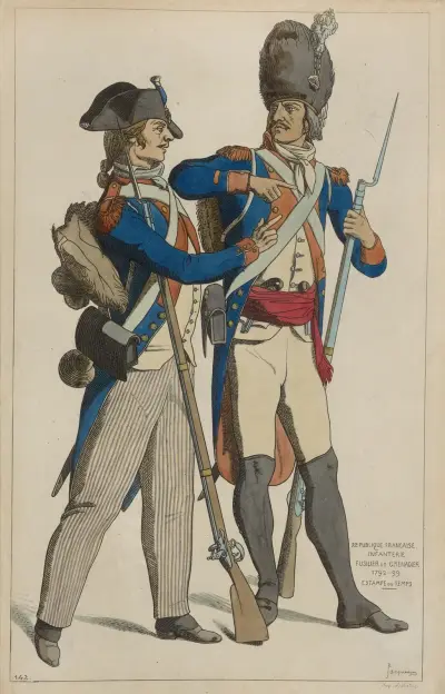 Francouzská republika, pěchota. Fyzilír a granátník. 1792–99. Dobová grafika, Raphaël Jacquemin