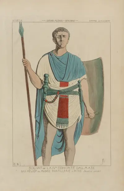 Voják IV. kohorty podle reliéfu z Dělostřeleckého muzea. Nevydaná kresba, Raphaël Jacquemin